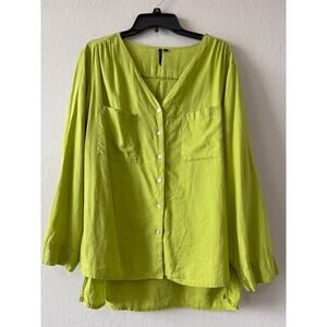 Cathy Women’s Linen Blend Lime Green Button Down Shirt Hi-Lo Hem Plus Size 2X